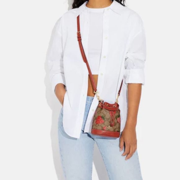 NWT COACH Mini Dempsey Bucket Bag Signature Canvas Wild Strawberry Print CH164 - Picture 11 of 12